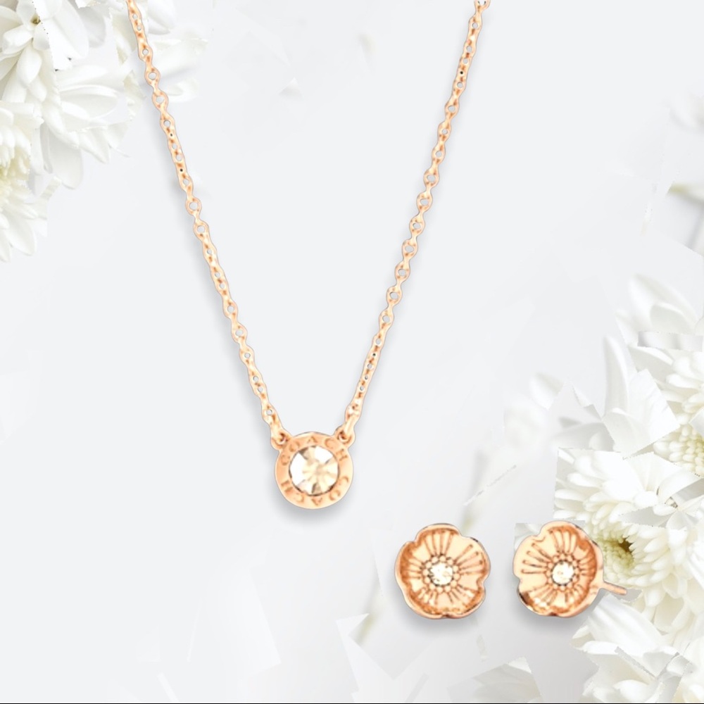 NEW Coach Open Circle Necklace & Tea Rose Stud Earrings  Style C6604 Rose Gold - Picture 9 of 12
